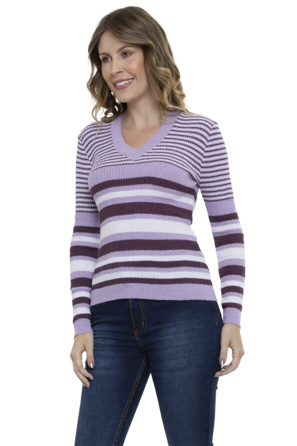 Blusa Tricot Manga Longa Listra Gola V - Imagem 3