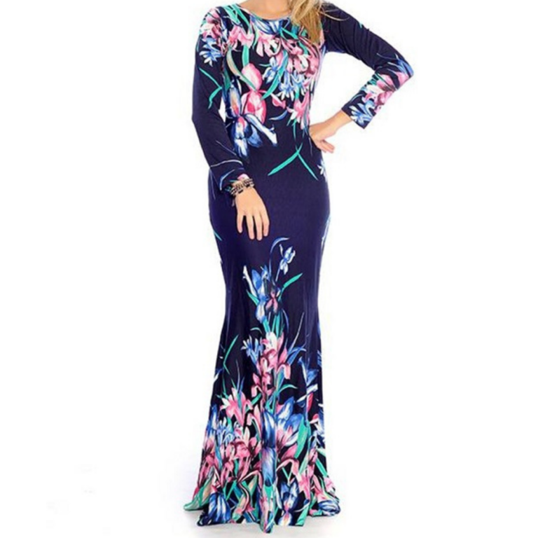 vestido longo viscolycra manga longa estampa