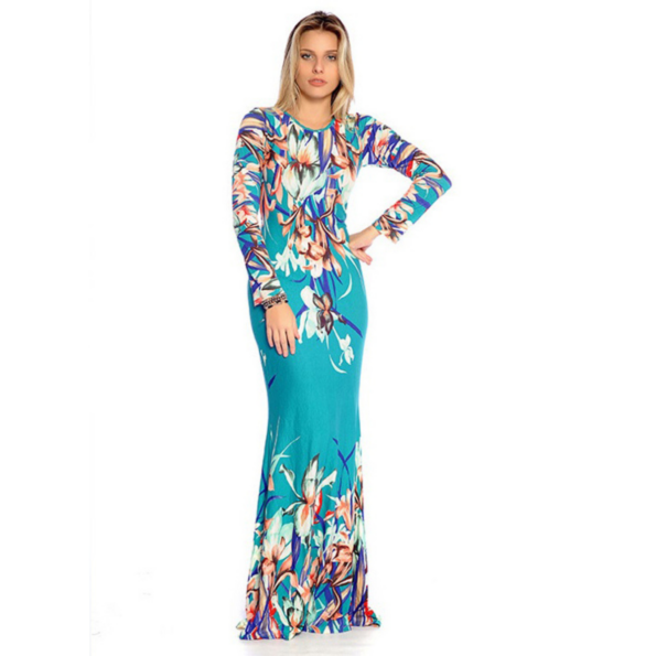 vestido longo viscolycra manga longa estampa
