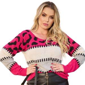 blusa tricot estampa onça manga longa