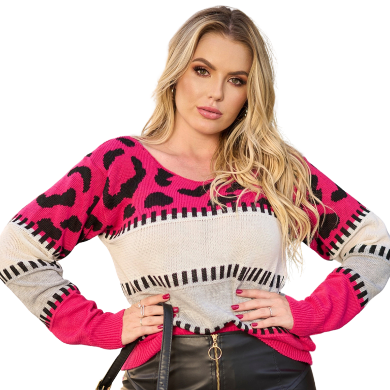 blusa tricot estampa onça manga longa