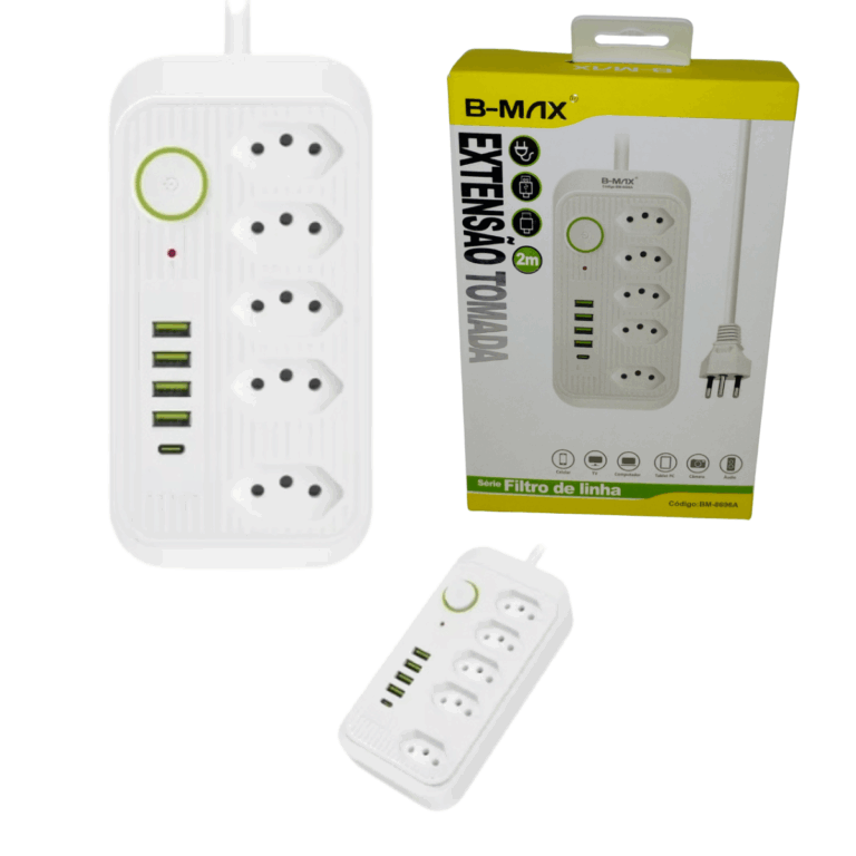 extensão tomada filtro de linha 5 tomadas + 4 usb + 1 tipo c