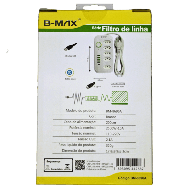 extensão tomada filtro de linha 5 tomadas + 4 usb + 1 tipo c