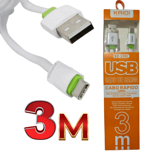 cabo carga rápida reforçado usb tipo c longo 3 metros kaidi