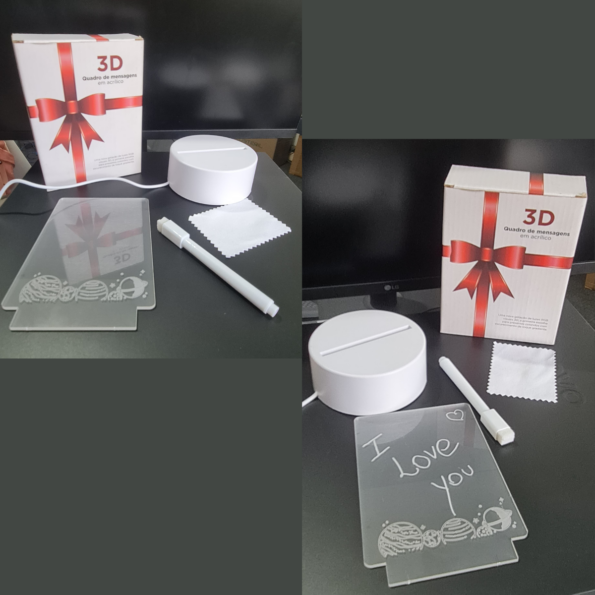 luminária 3 cores lousa recados acrílico escreve apaga 3d