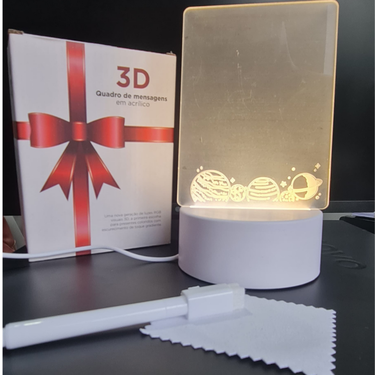luminária 3 cores lousa recados acrílico escreve apaga 3d