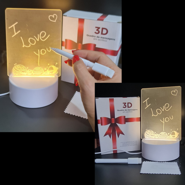 luminária 3 cores lousa recados acrílico escreve apaga 3d